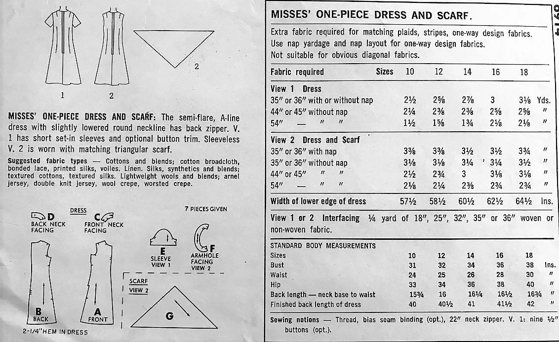 1960s Flared A-Line Dress and Scarf Pattern SIMPLICITY 6914 Figure Flattering Style Bust 32 Vintage Sewing Pattern UNCUT