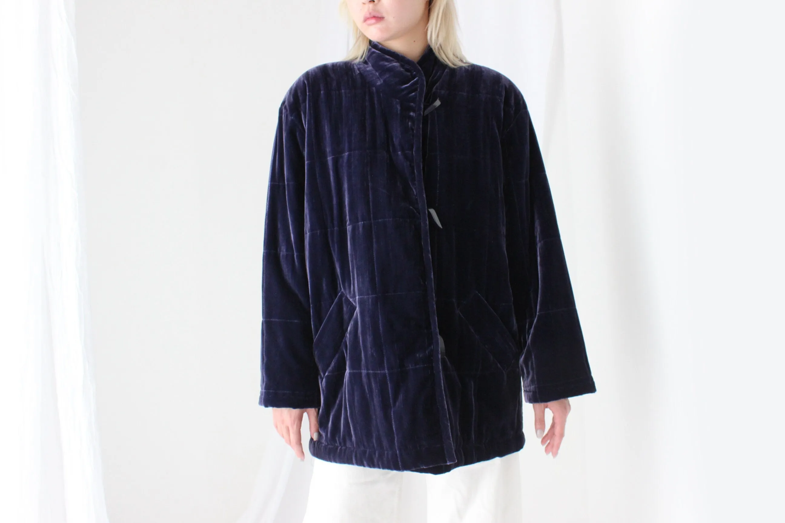 80s PURE SILK VELVET Quilted Puffer Coat in Purple