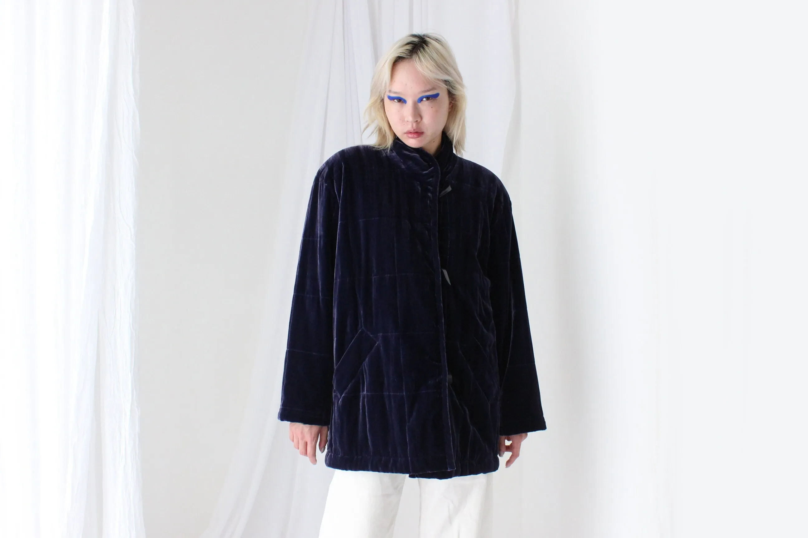 80s PURE SILK VELVET Quilted Puffer Coat in Purple