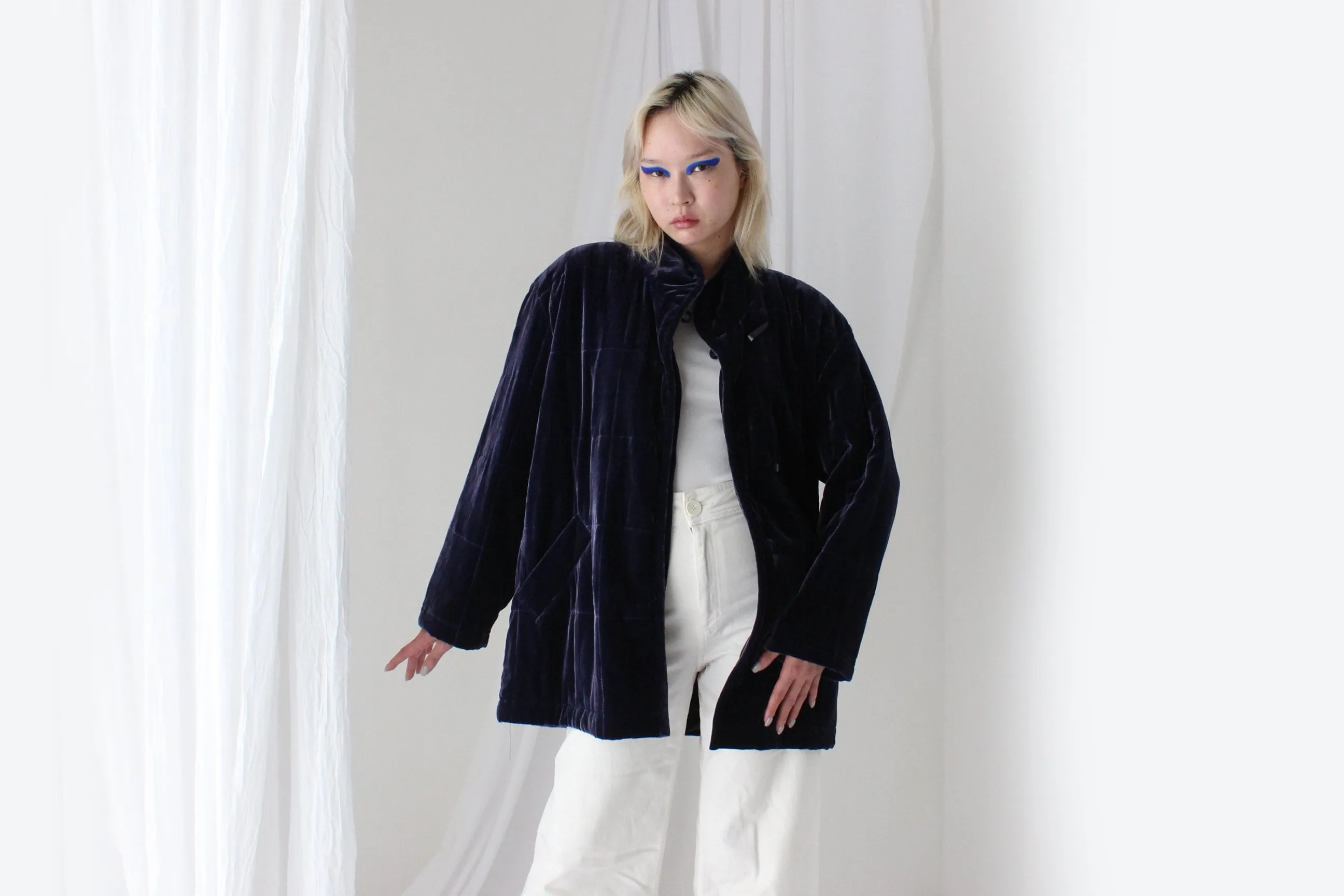 80s PURE SILK VELVET Quilted Puffer Coat in Purple