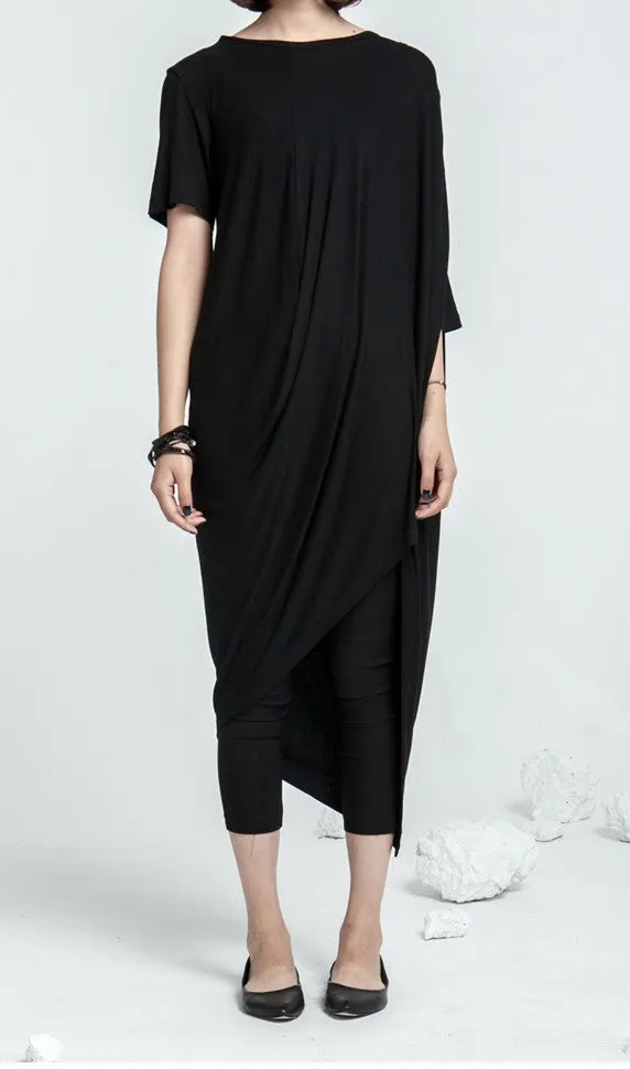 Asymmetrical Draped Viscose Cotton Ann Original Design Retro Silhouette Deconstruction Design Dress Tunic