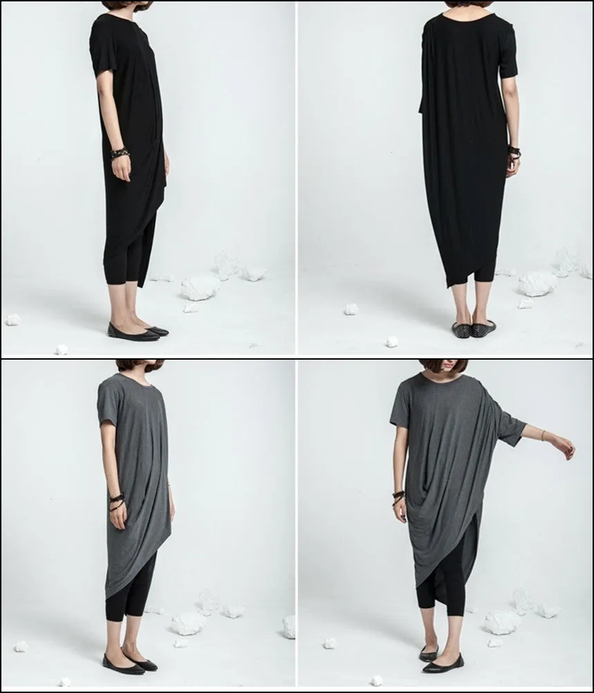 Asymmetrical Draped Viscose Cotton Ann Original Design Retro Silhouette Deconstruction Design Dress Tunic