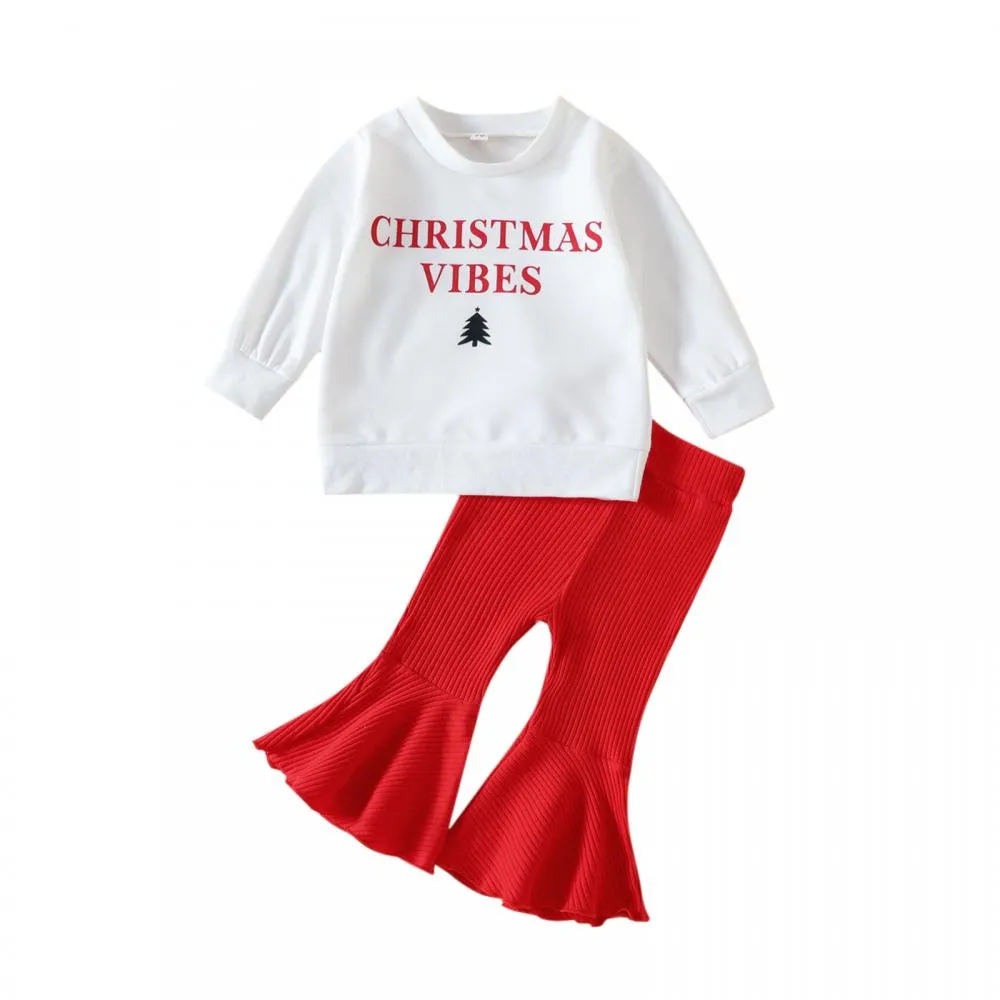 Autumn Christmas Girls Alphabet Print Sweater Flared Pants Set Wholesale Girls Clothes