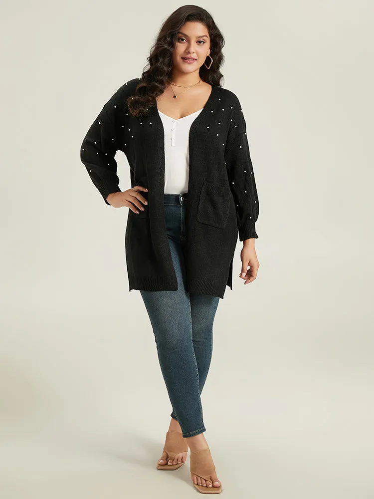 Beaded Split Side Patched Pocket Cardigan