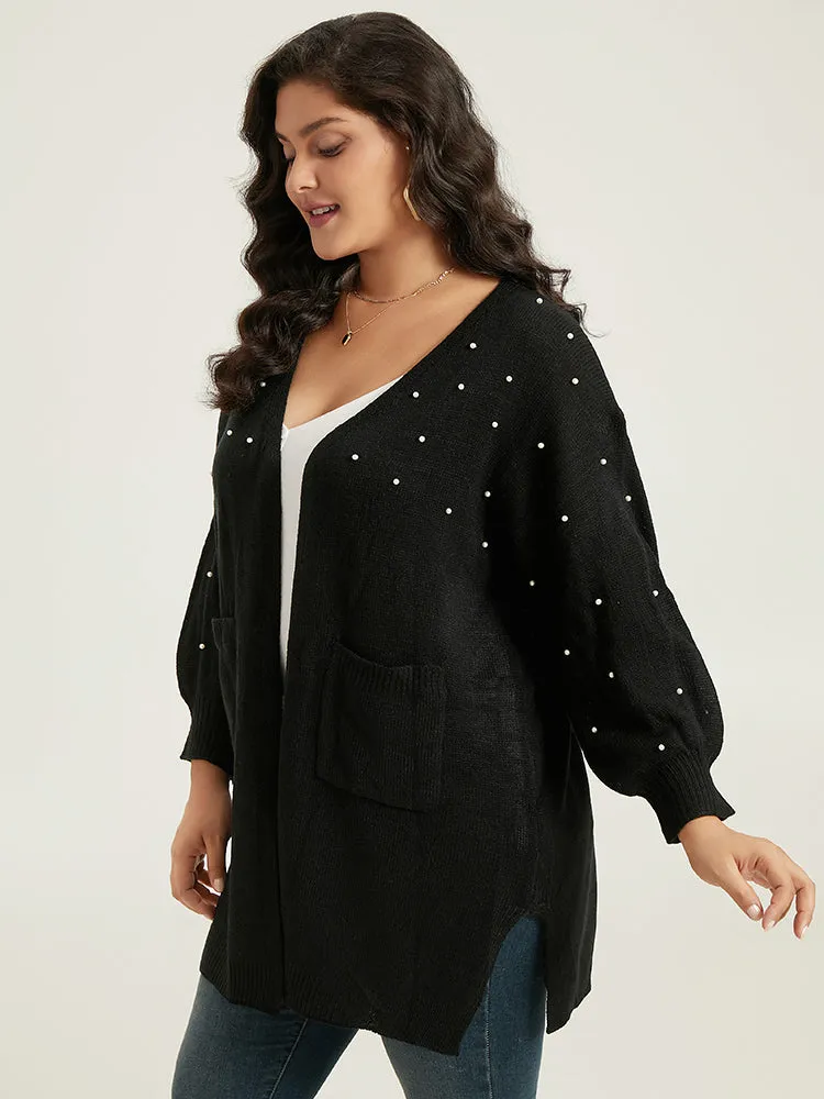 Beaded Split Side Patched Pocket Cardigan