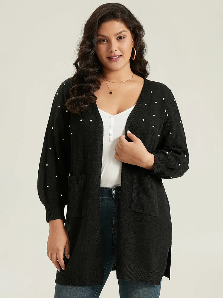 Beaded Split Side Patched Pocket Cardigan