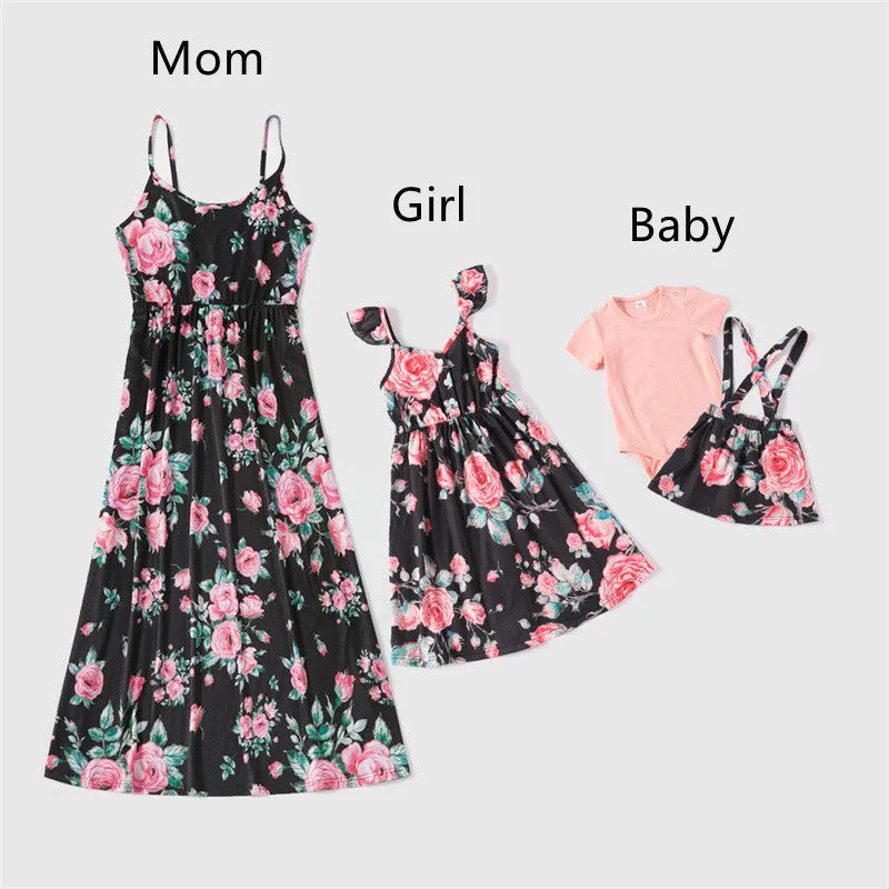 Black Family Matching Dress Floral Maxi Dress for Mommy and Me Matching Outfits