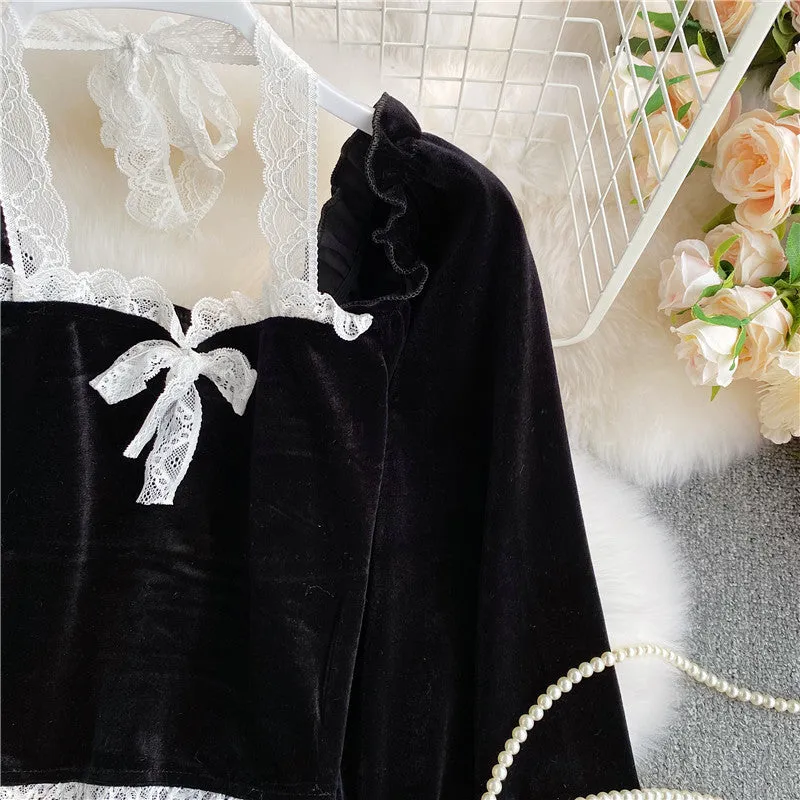 Black velvet long sleeve tops  319