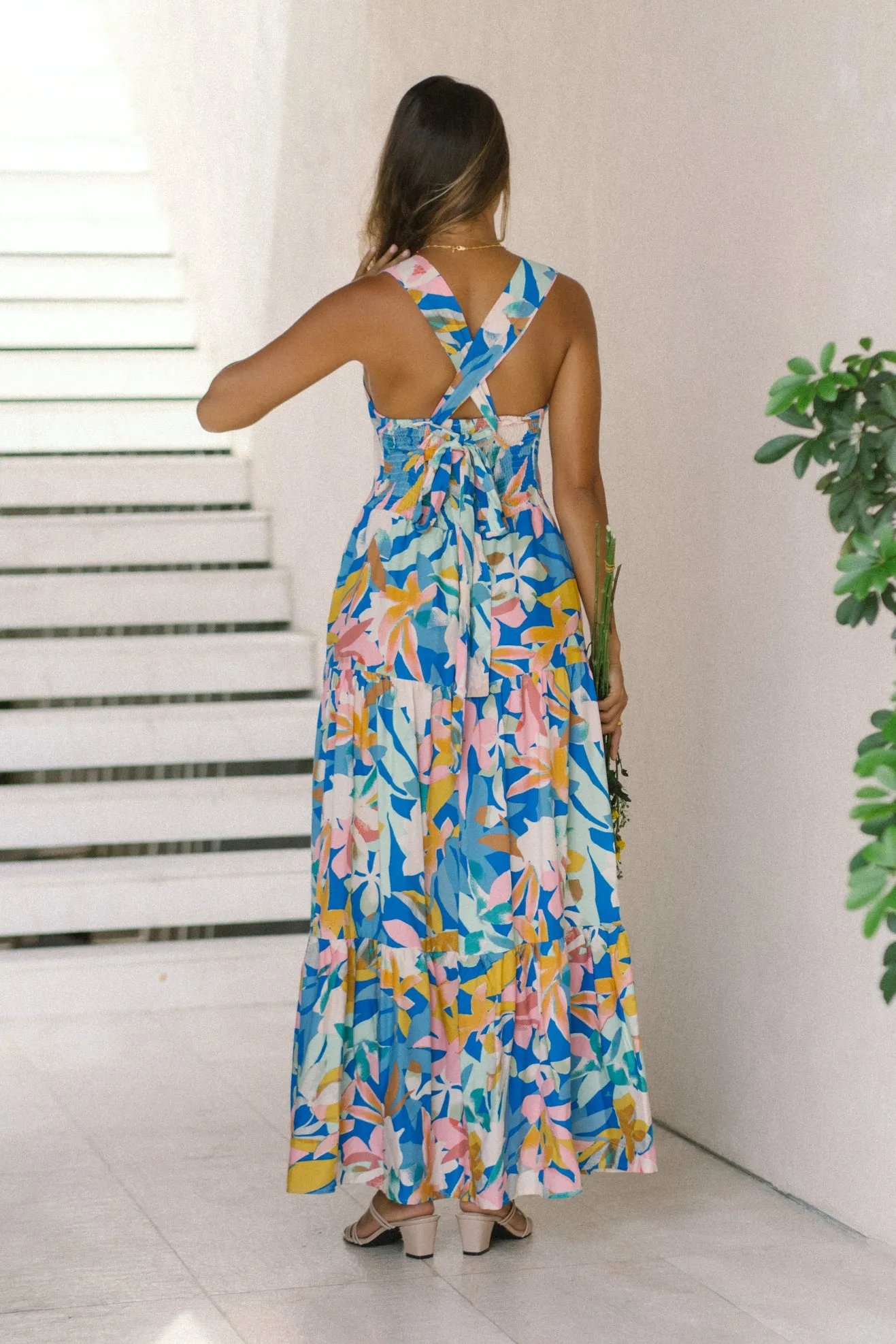 Calia Blue Floral Tiered Midi Dress