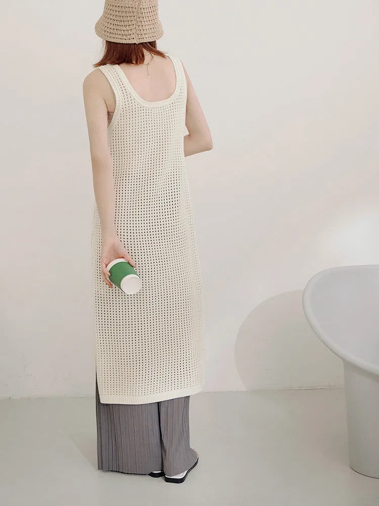 Casual Hollow Knit Long Tunic Sleeveless Vest Top