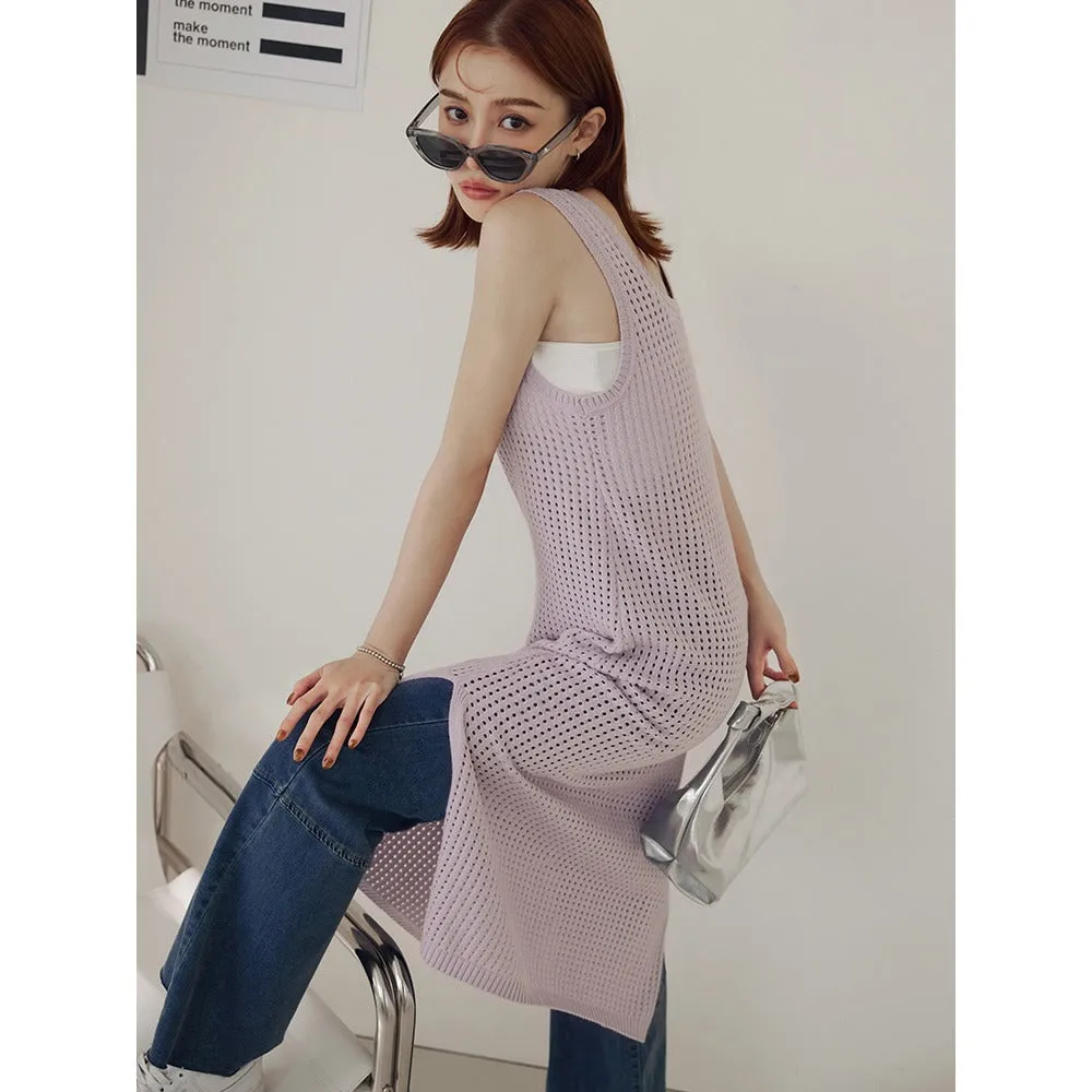 Casual Hollow Knit Long Tunic Sleeveless Vest Top