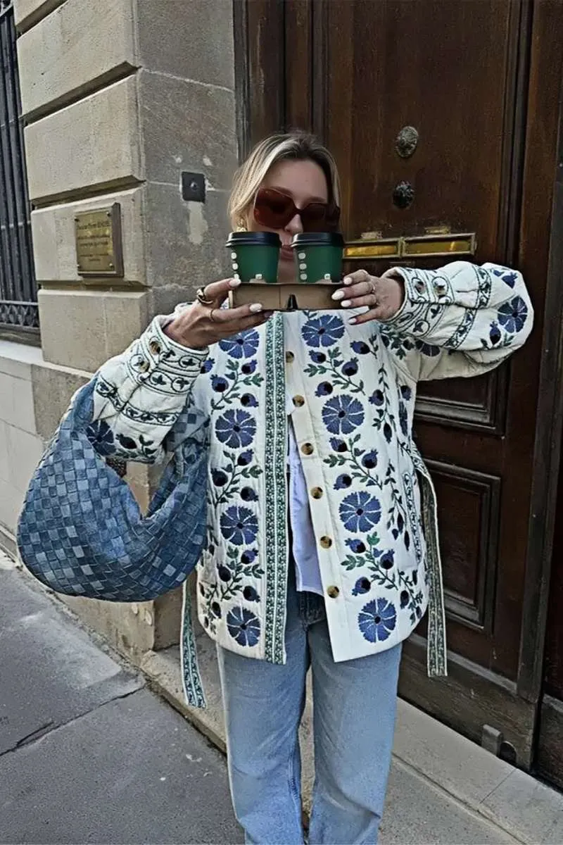 Casual Street Flowers Lace Up Buttons Patchwork O Neck Outerwear