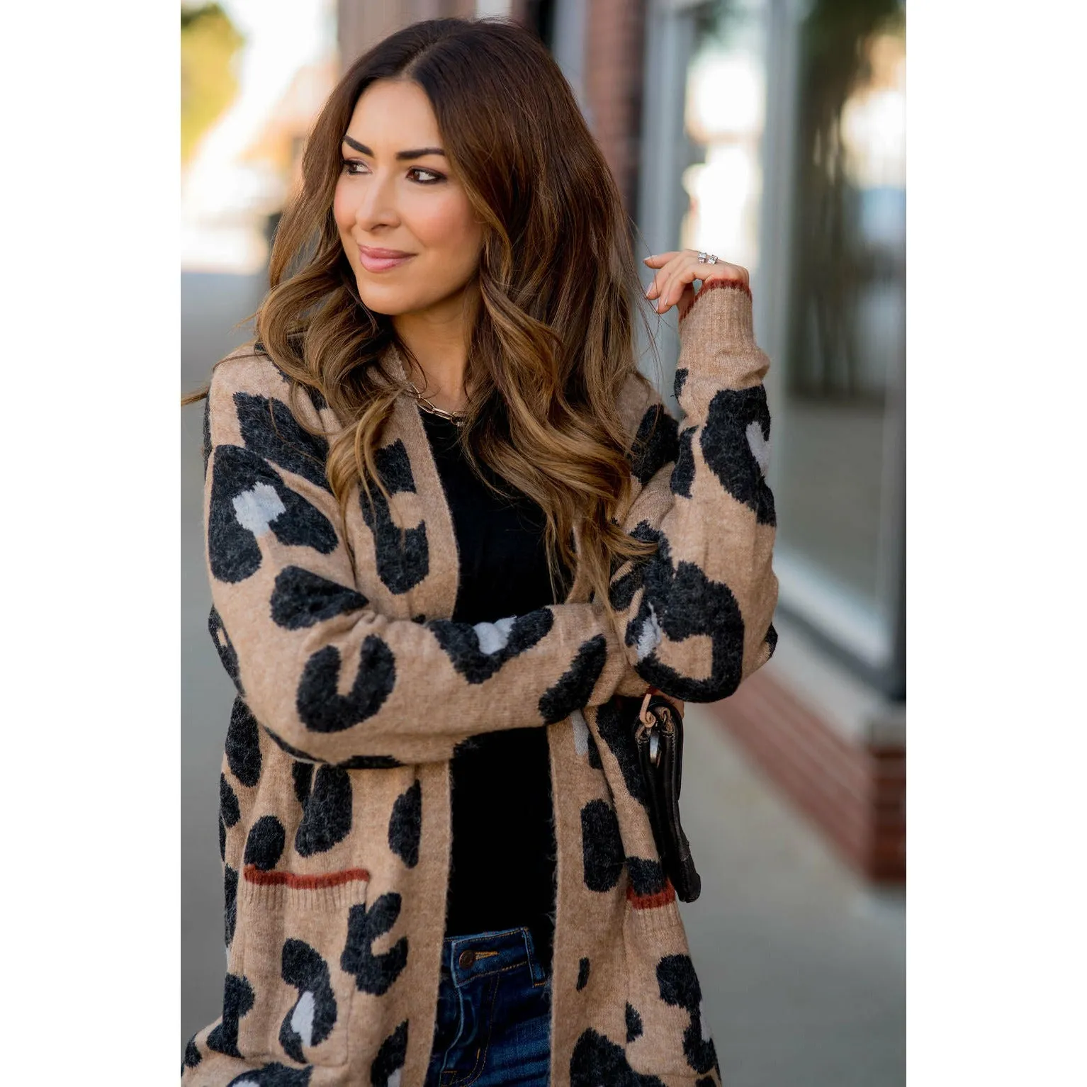 Cognac Trim Leopard Tunic Cardigan
