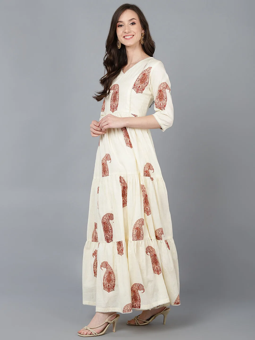 Cream Cotton Solid Ethnic Motifs Maxi Dress