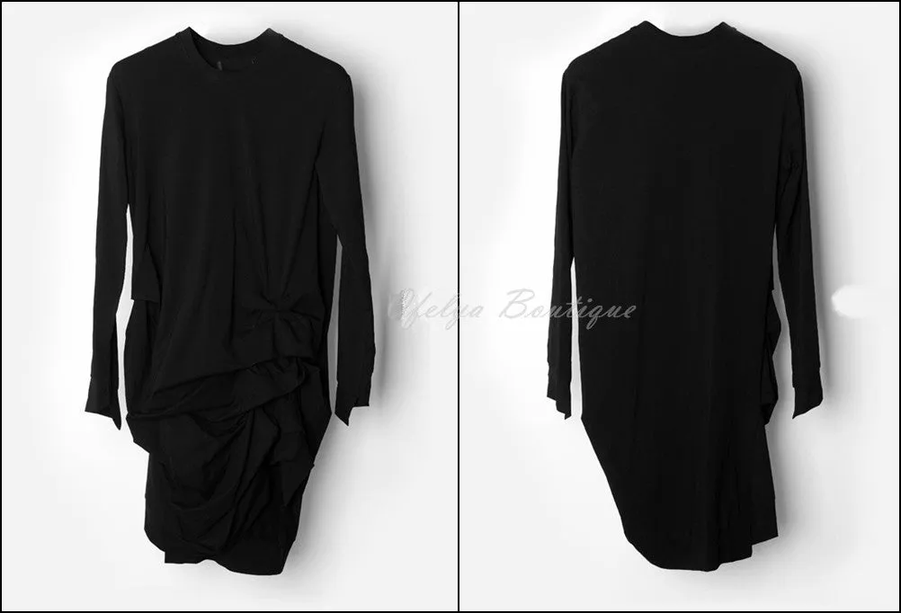 Dark Cotton Ruffle Top Hackers Draped Design Long Sleeve Tunic Dress
