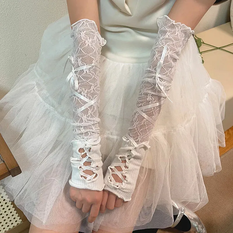 deanwangkt Sexy White Hollow Satin Bow Lace Gloves Lolita Bride Thin Sun Protection Arm Sleeves Women Summer Fingerless Sunscreen Mittens
