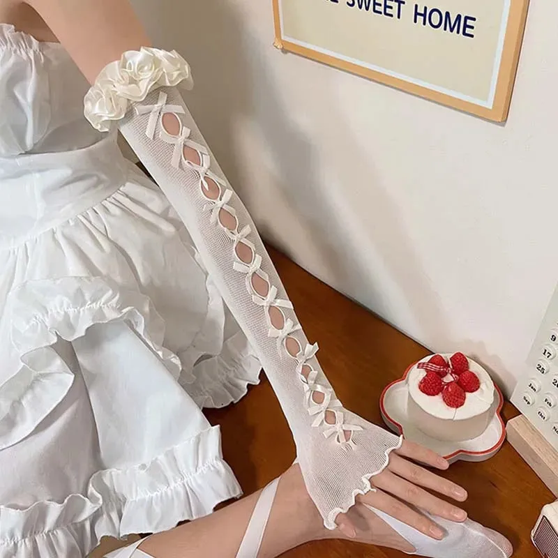deanwangkt Sexy White Hollow Satin Bow Lace Gloves Lolita Bride Thin Sun Protection Arm Sleeves Women Summer Fingerless Sunscreen Mittens