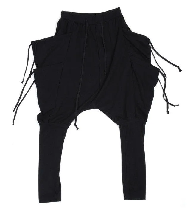 Drawstring Harem Multi Pocket Jersey Pants/ Loose Casual Drop Crotch Harem Jogger