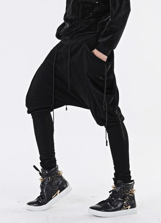 Drawstring Harem Multi Pocket Jersey Pants/ Loose Casual Drop Crotch Harem Jogger
