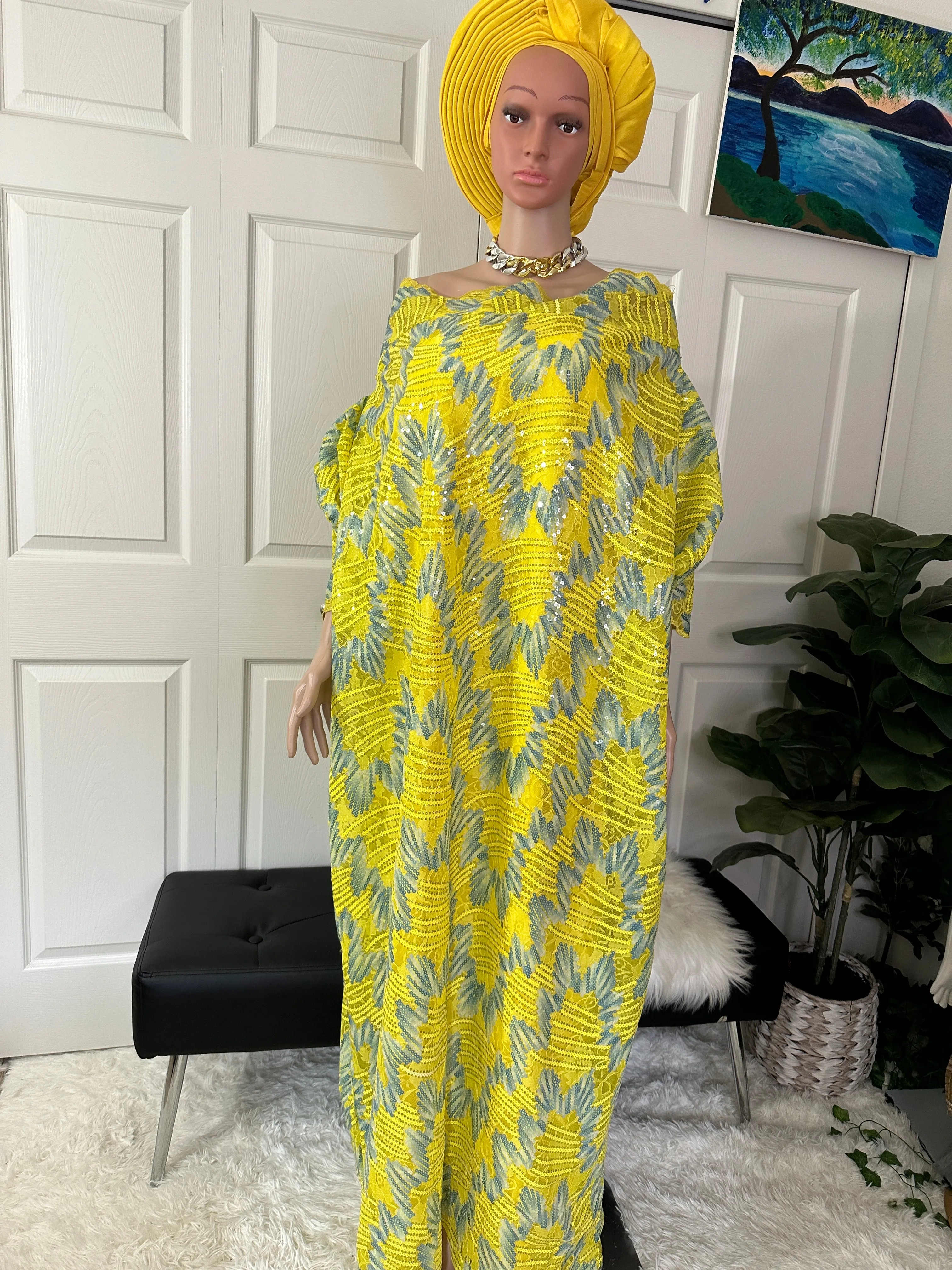 Elegant sequins yellow lace bubu - free size up to size 18