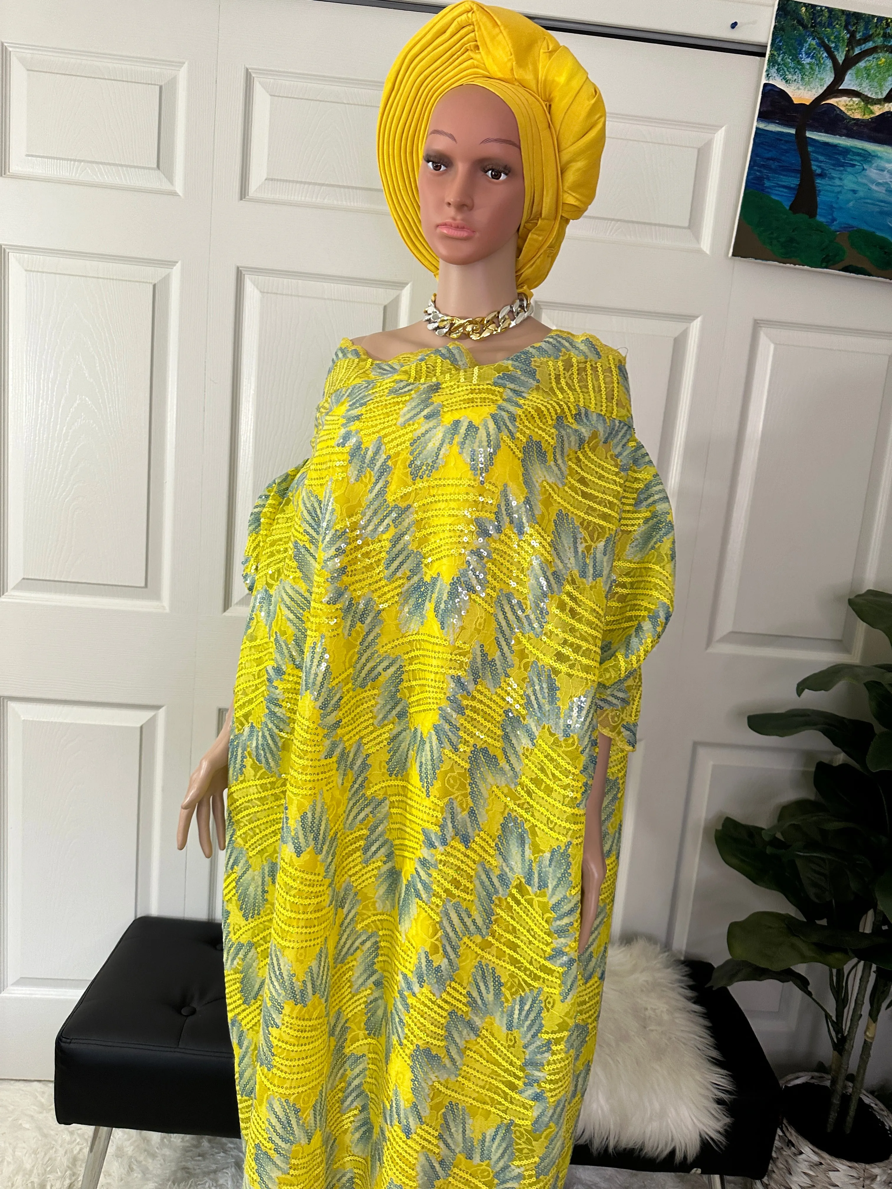 Elegant sequins yellow lace bubu - free size up to size 18