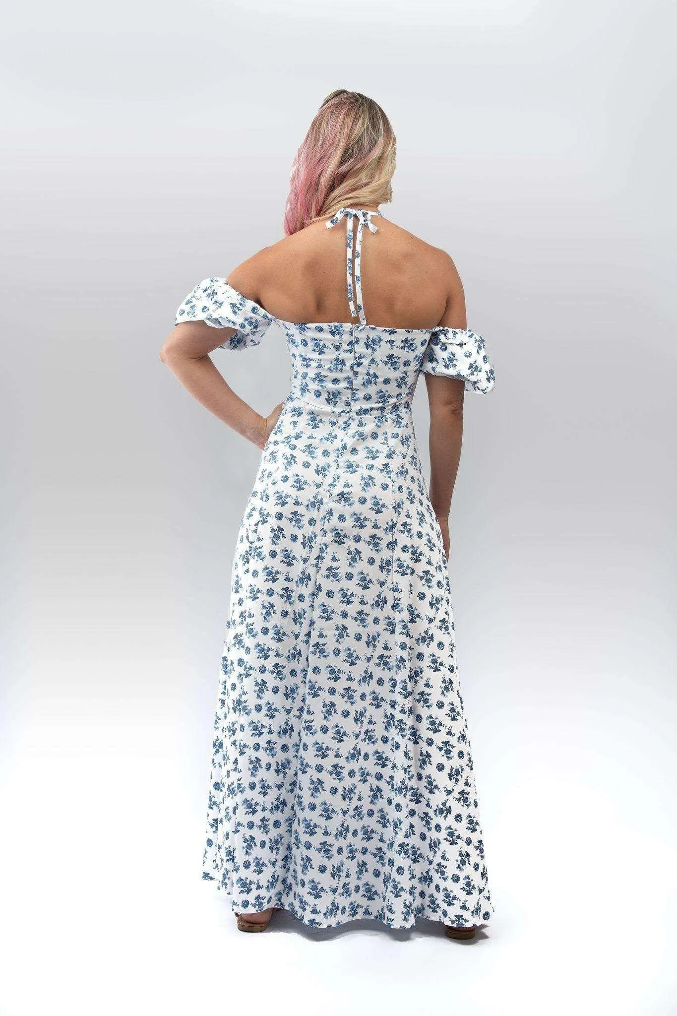 Floral Milkmaid Maxi Dress in White and Blue