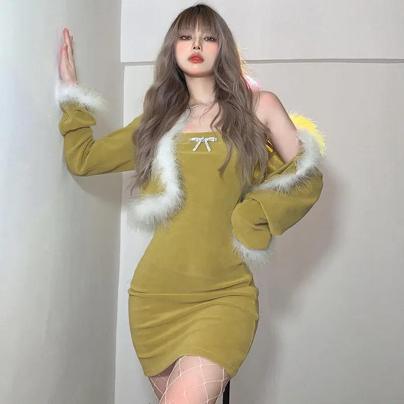 Fur collar coat   dress 2-piece set  KF82484