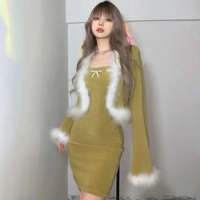 Fur collar coat   dress 2-piece set  KF82484