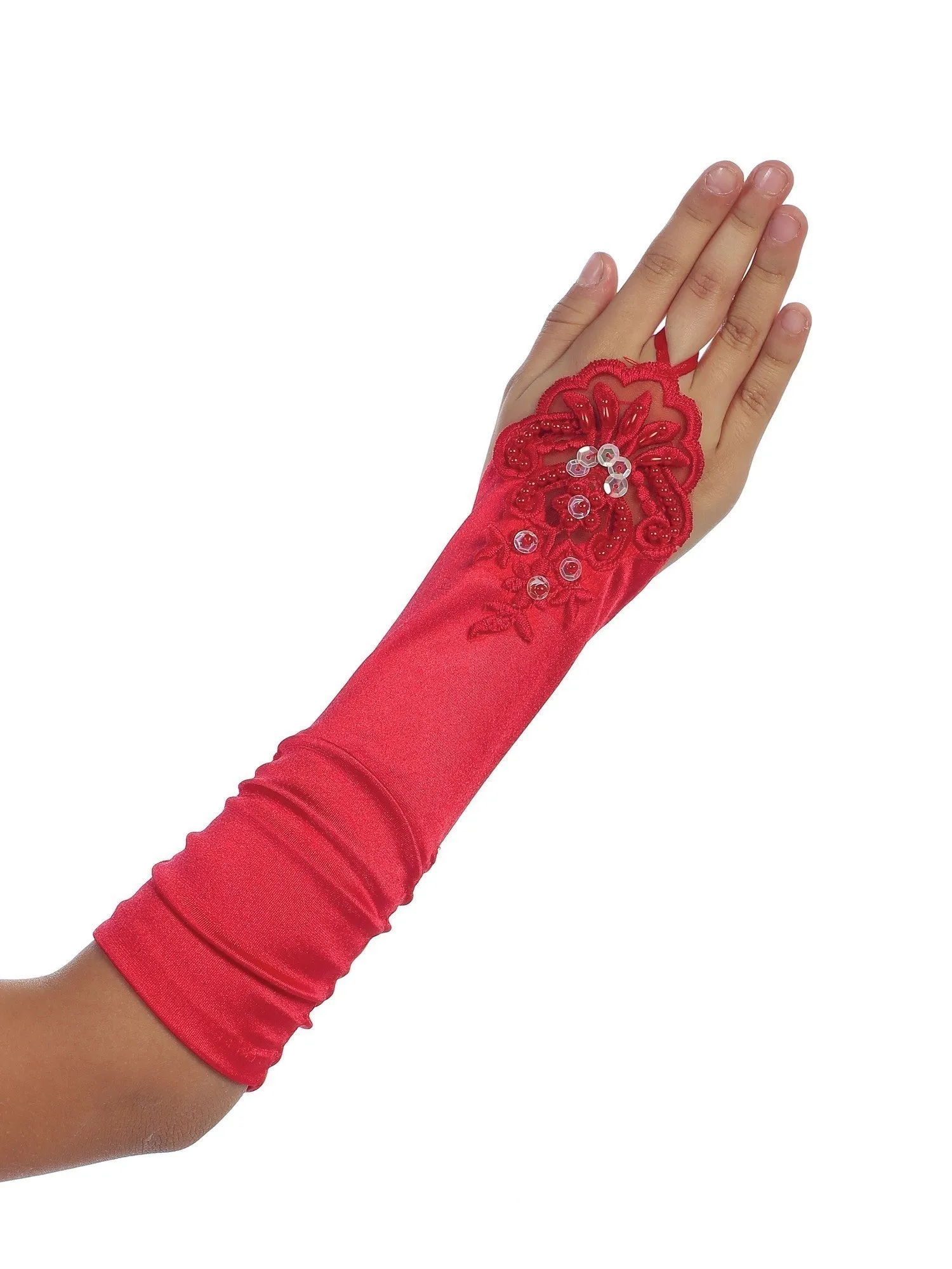 Girls Red Floral Embroidery Fingerless Long Special Occasion Gloves 4-14