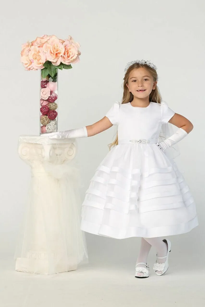 Girls White First Communion Dress, Satin Bodice w/ Organza Skirt (708)