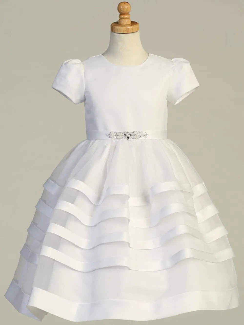 Girls White First Communion Dress, Satin Bodice w/ Organza Skirt (708)