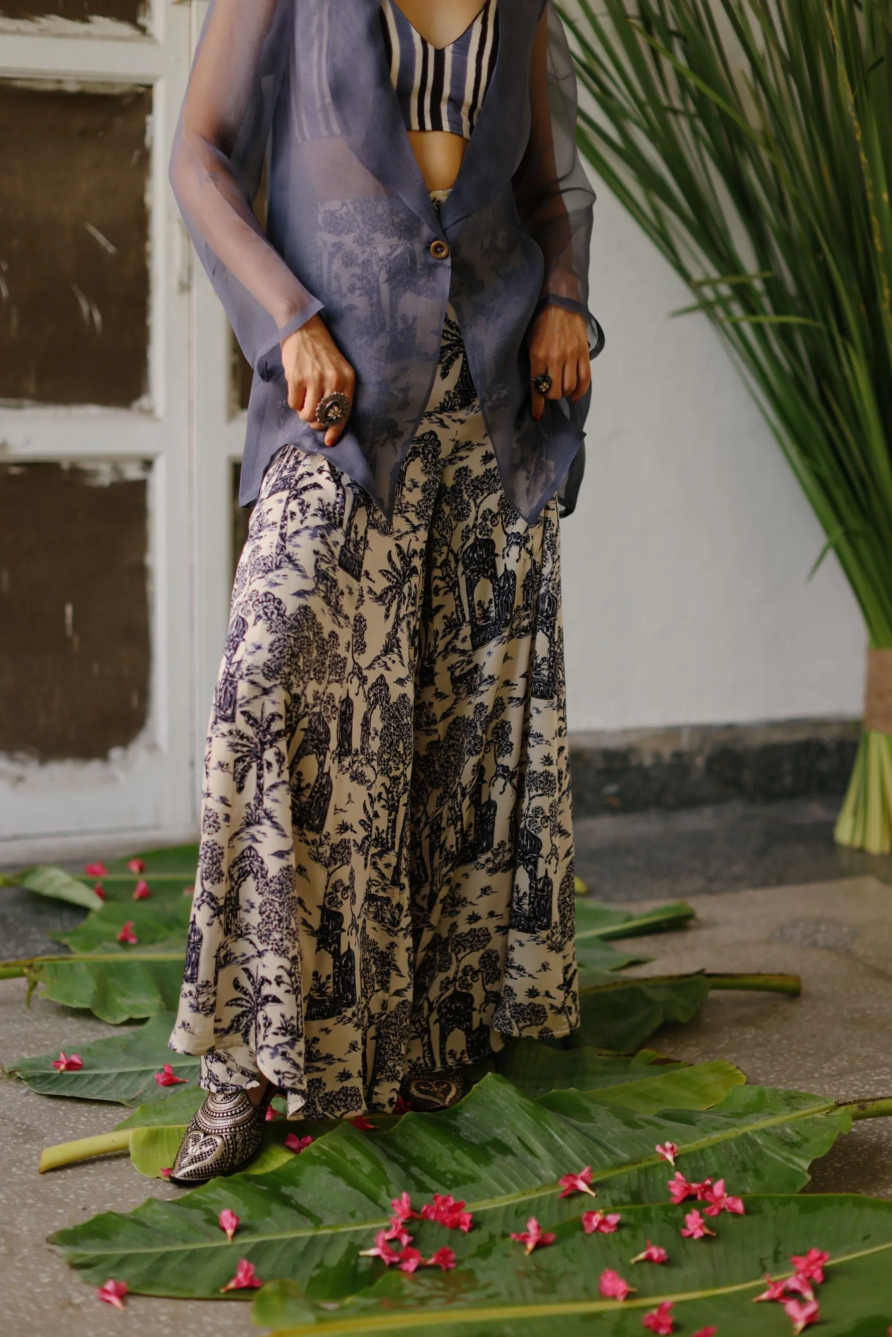 Grey Machan Cropped Blouse With Flared Pant and Grey Organza Jacket-Set of 3