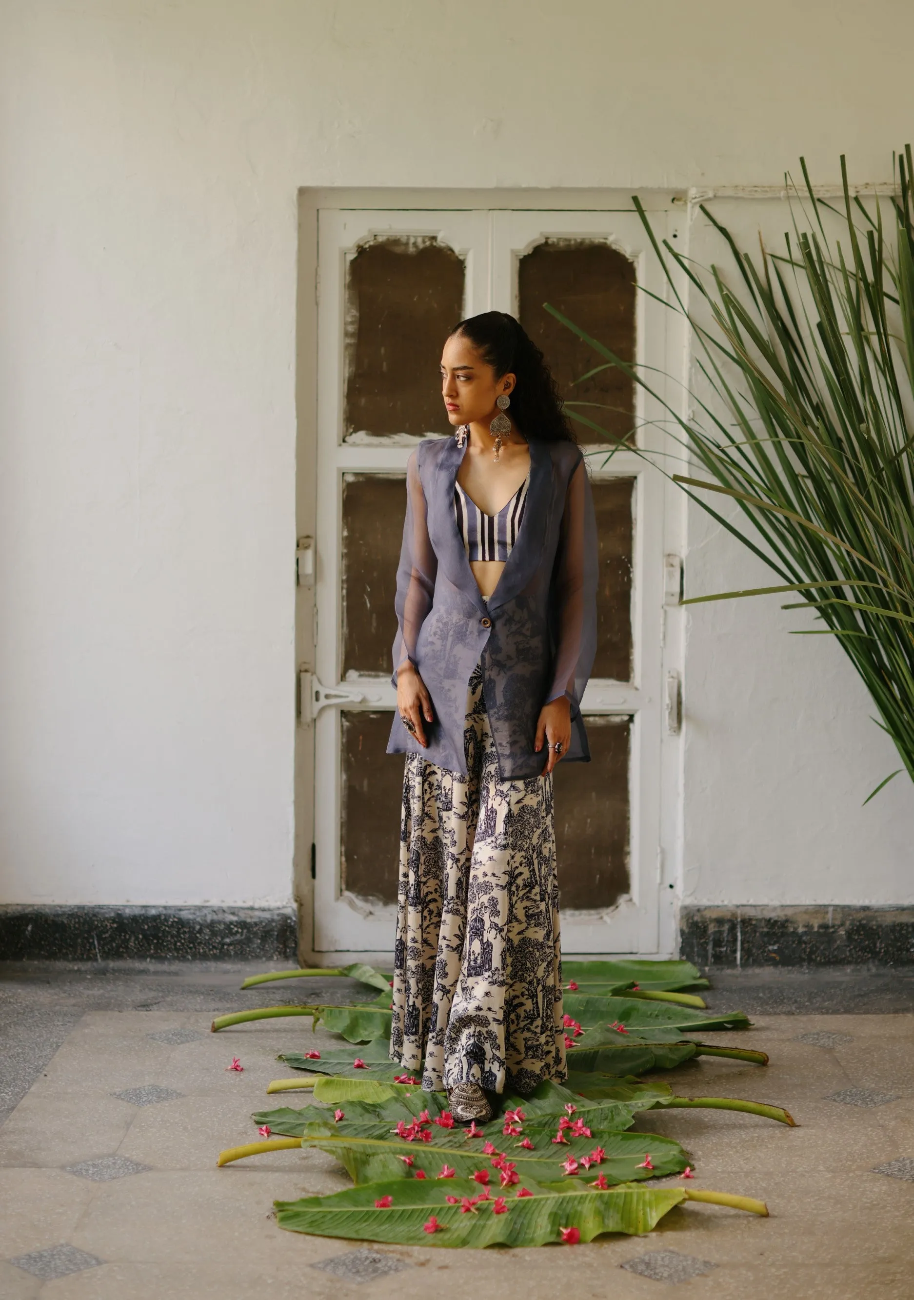 Grey Machan Cropped Blouse With Flared Pant and Grey Organza Jacket-Set of 3