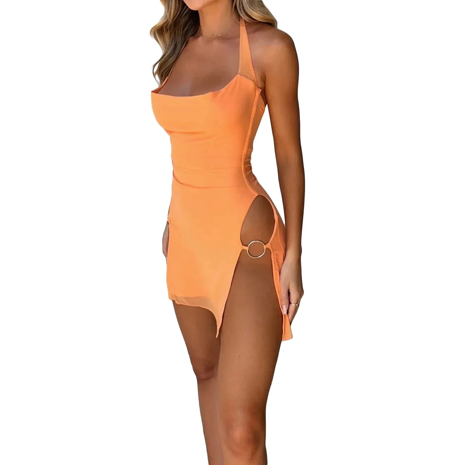 Halter Neck Dress Casual Summer Backless High Split Party Mini Cocktail Beach Club Streetwear Casual Women Dress