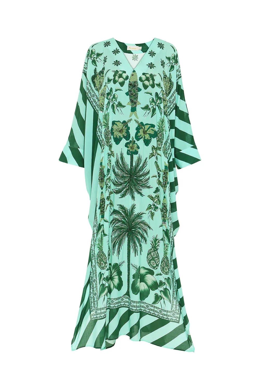 Hand Beaded Azulejos Kaftan - Aqua and Emerald Green
