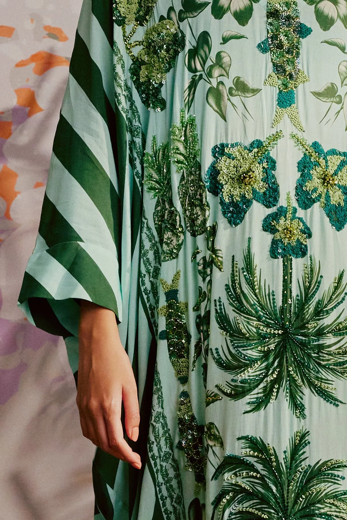 Hand Beaded Azulejos Kaftan - Aqua and Emerald Green