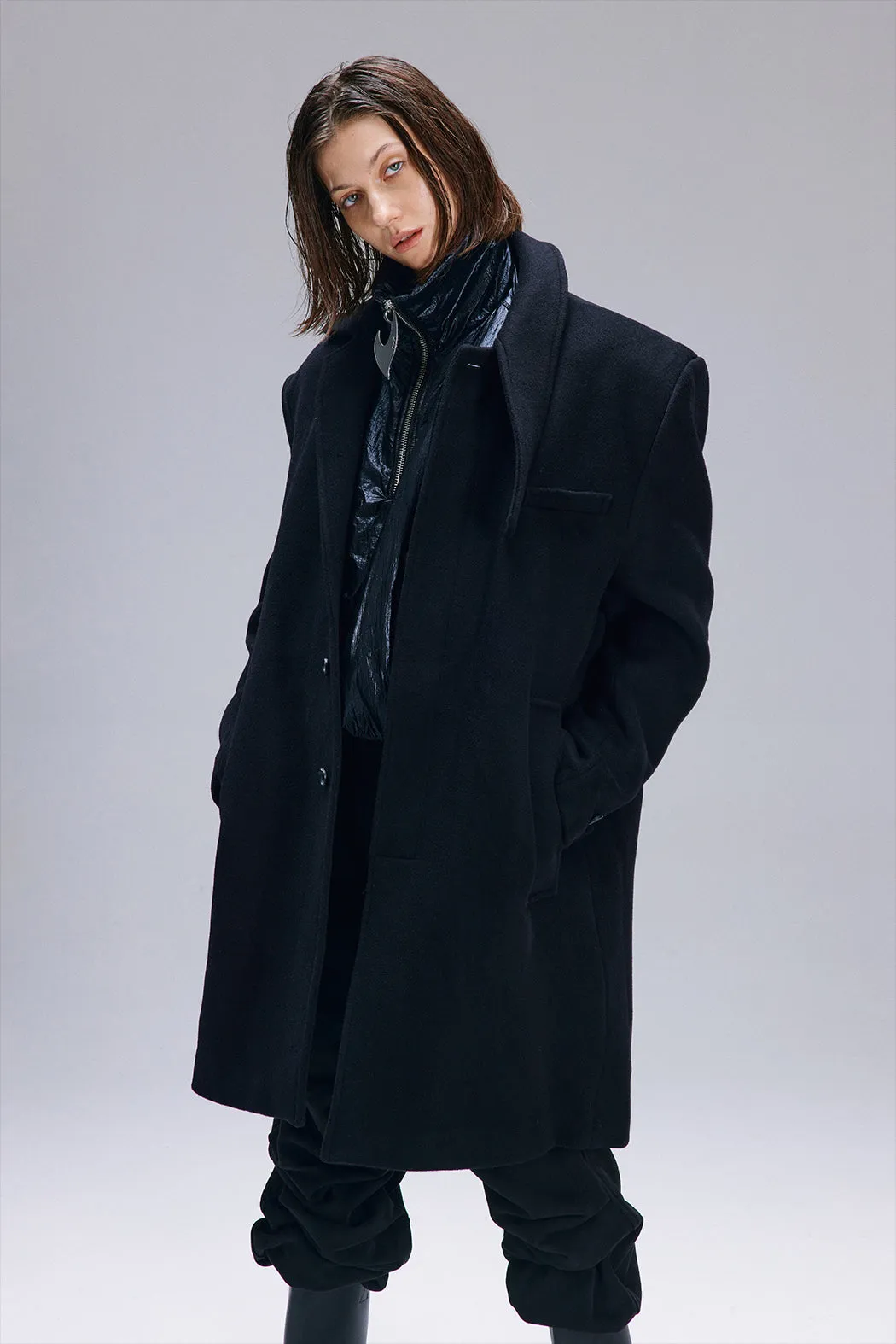 Heavy Wool Blend Asymmetric Stainless Steel Collar Coat Niche Design Trend Brand Jacket
