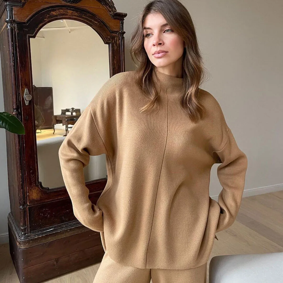 High Neck Rib Knit Pullover Sweater Wide Leg Pants Matching Set - Khaki