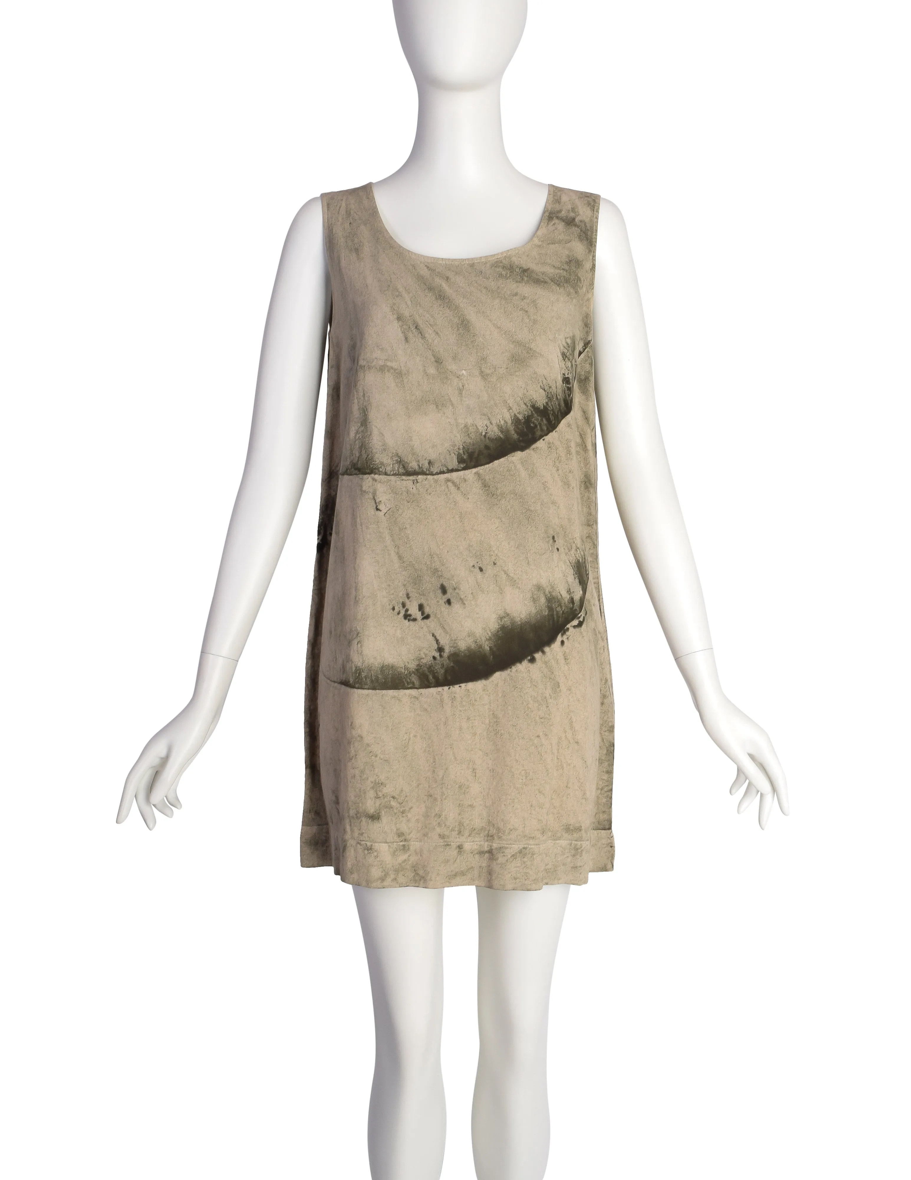 Issey Miyake Vintage SS 1993 Beige Black Trompe L'oeil Tunic Tank Mini Dress