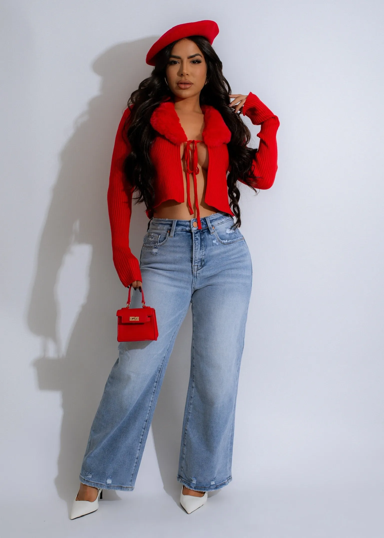 Luxe Cozy Collar Ribbed Sweater Red