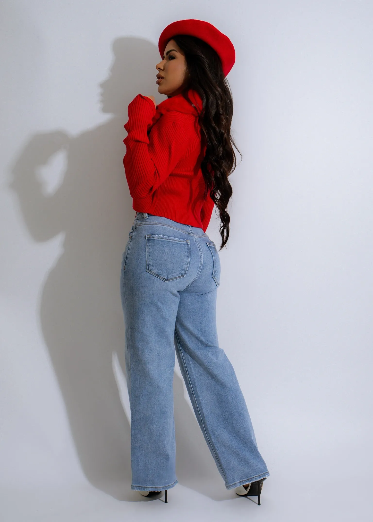 Luxe Cozy Collar Ribbed Sweater Red