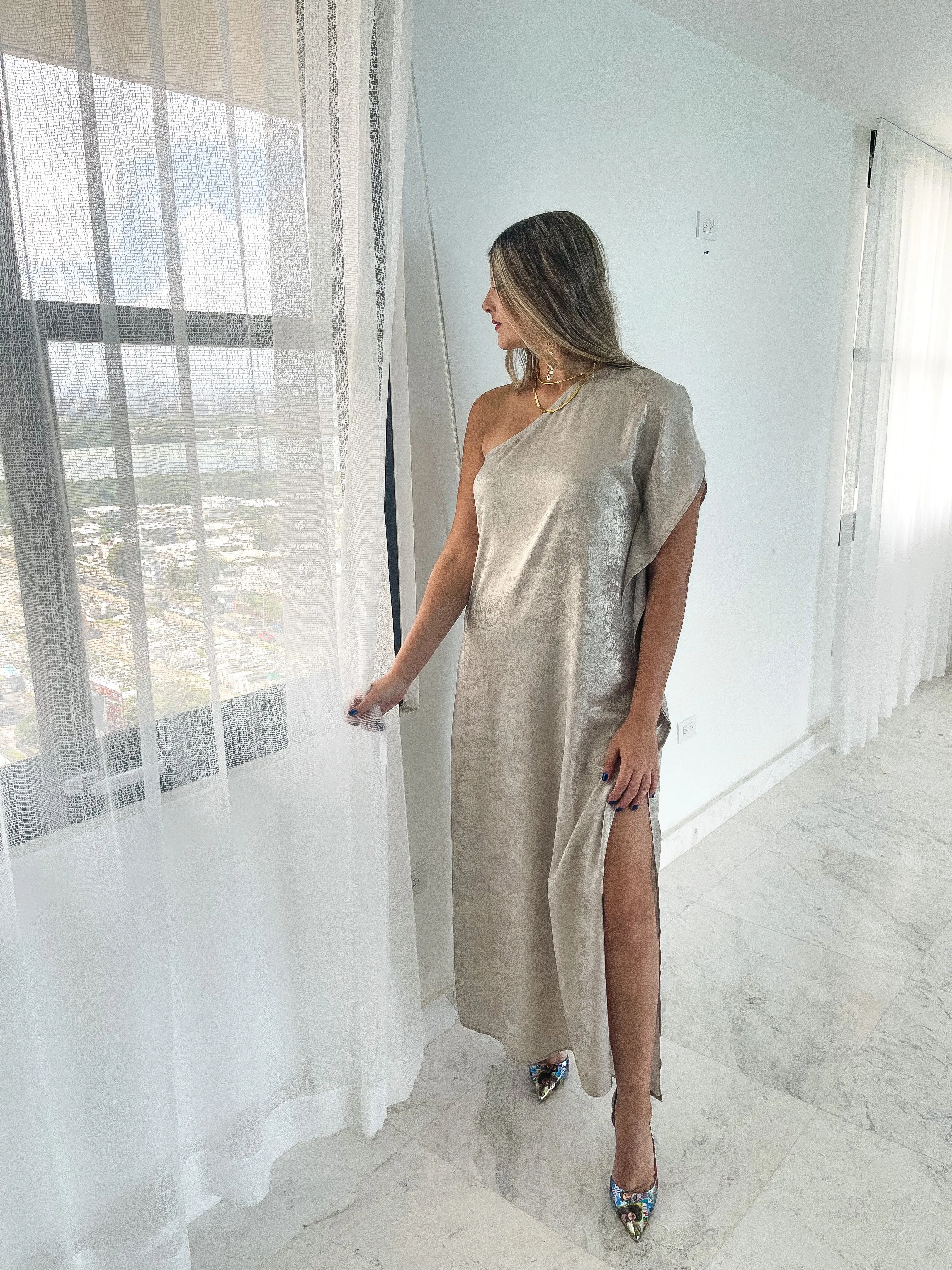 METALLIC SILVER MAXI DRESS
