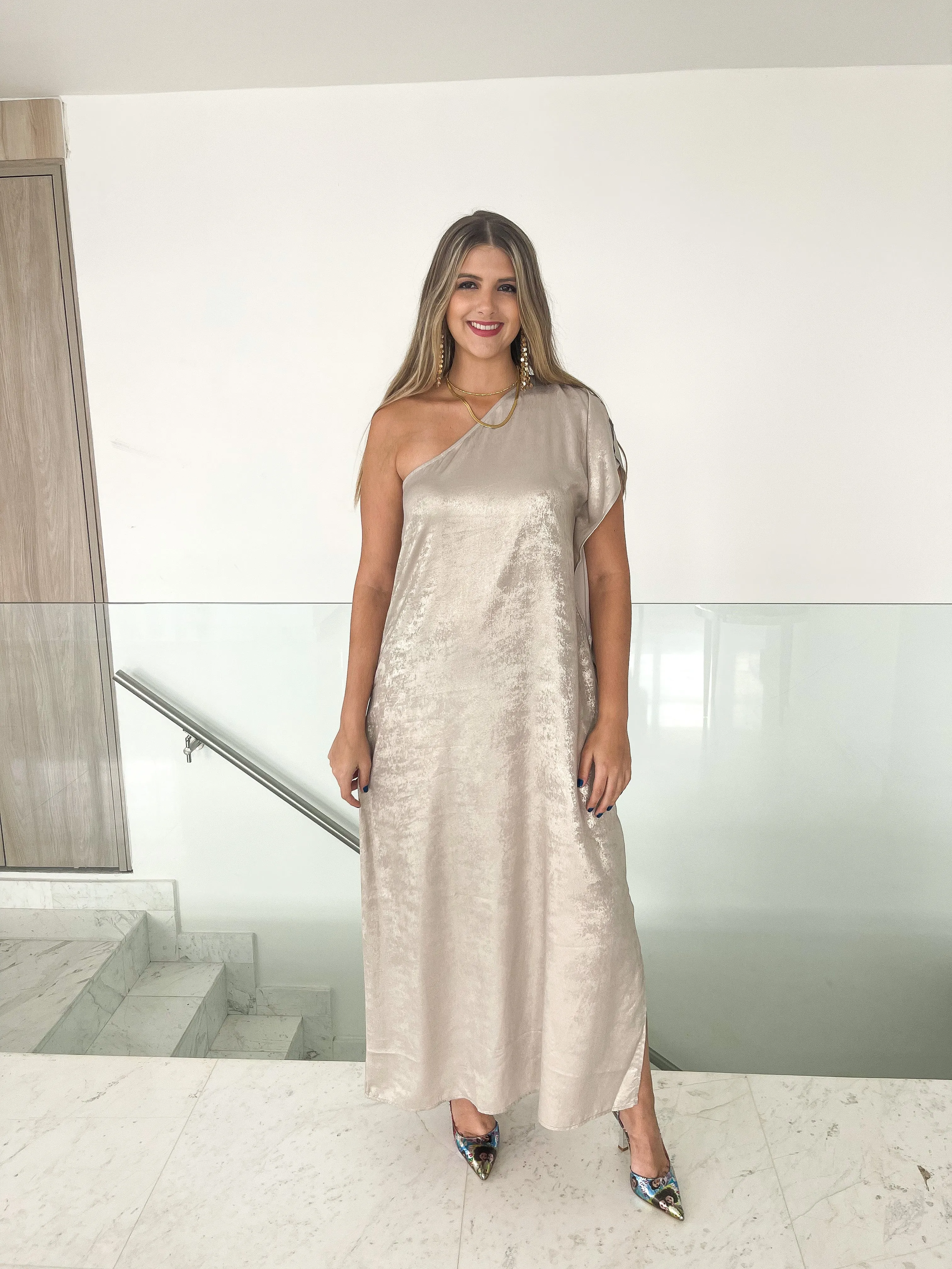 METALLIC SILVER MAXI DRESS