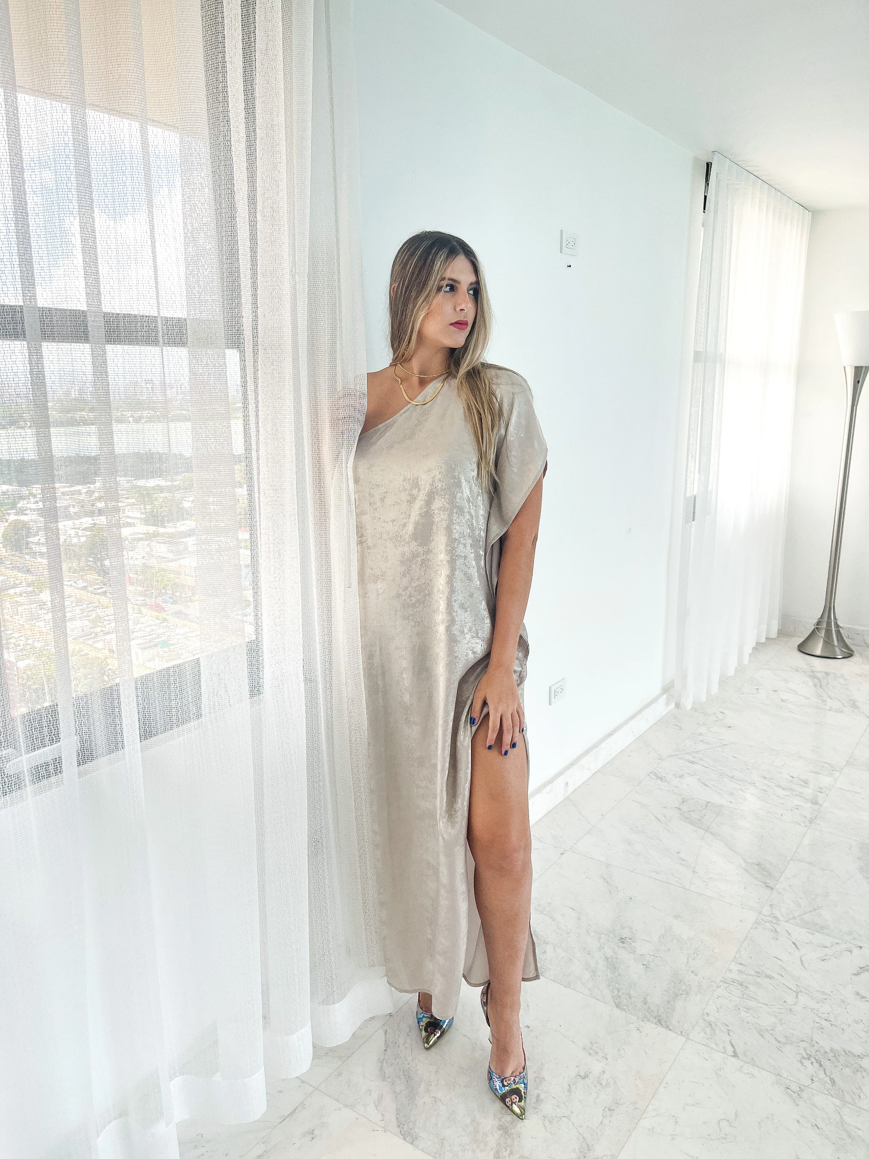 METALLIC SILVER MAXI DRESS