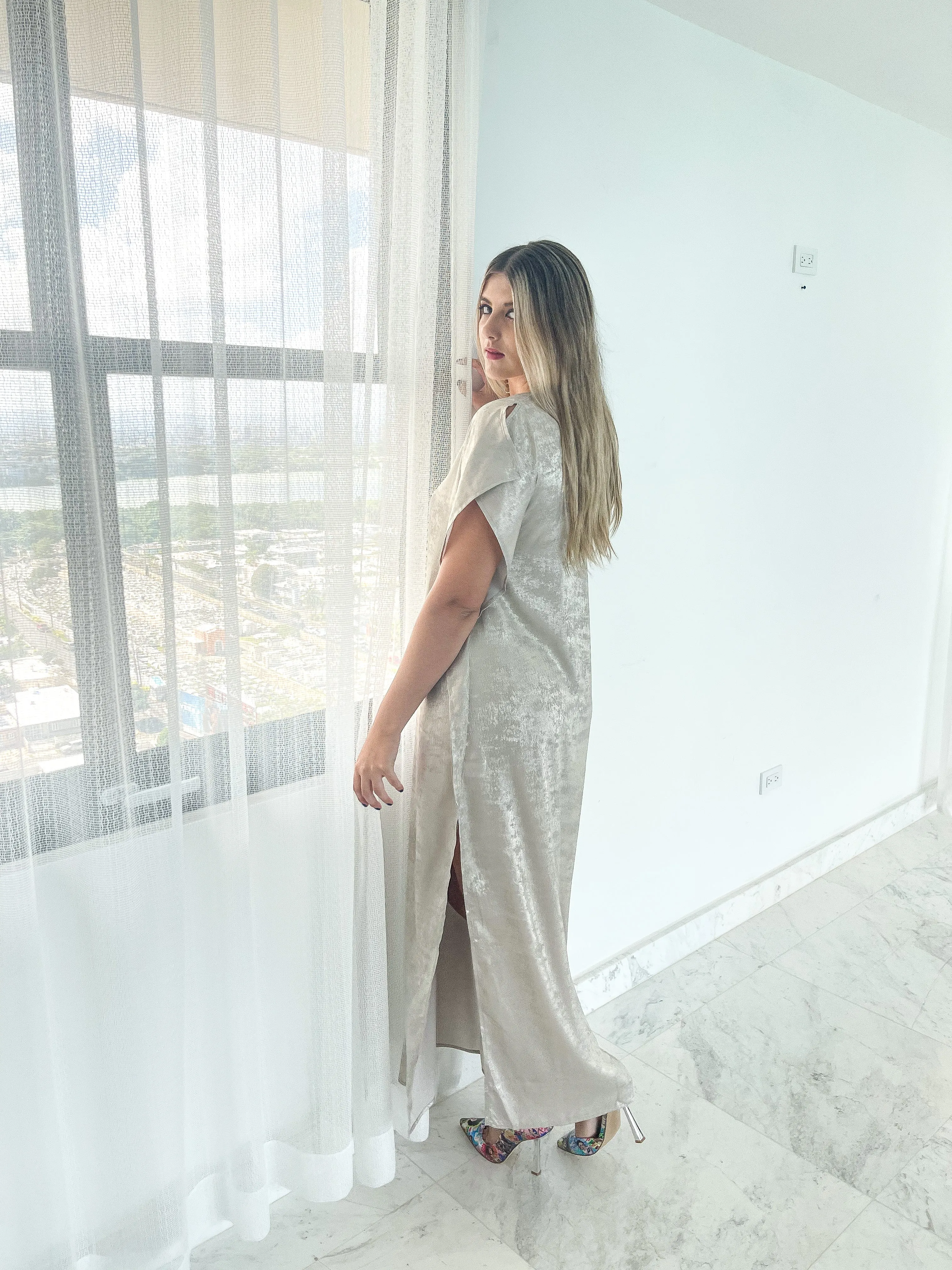 METALLIC SILVER MAXI DRESS