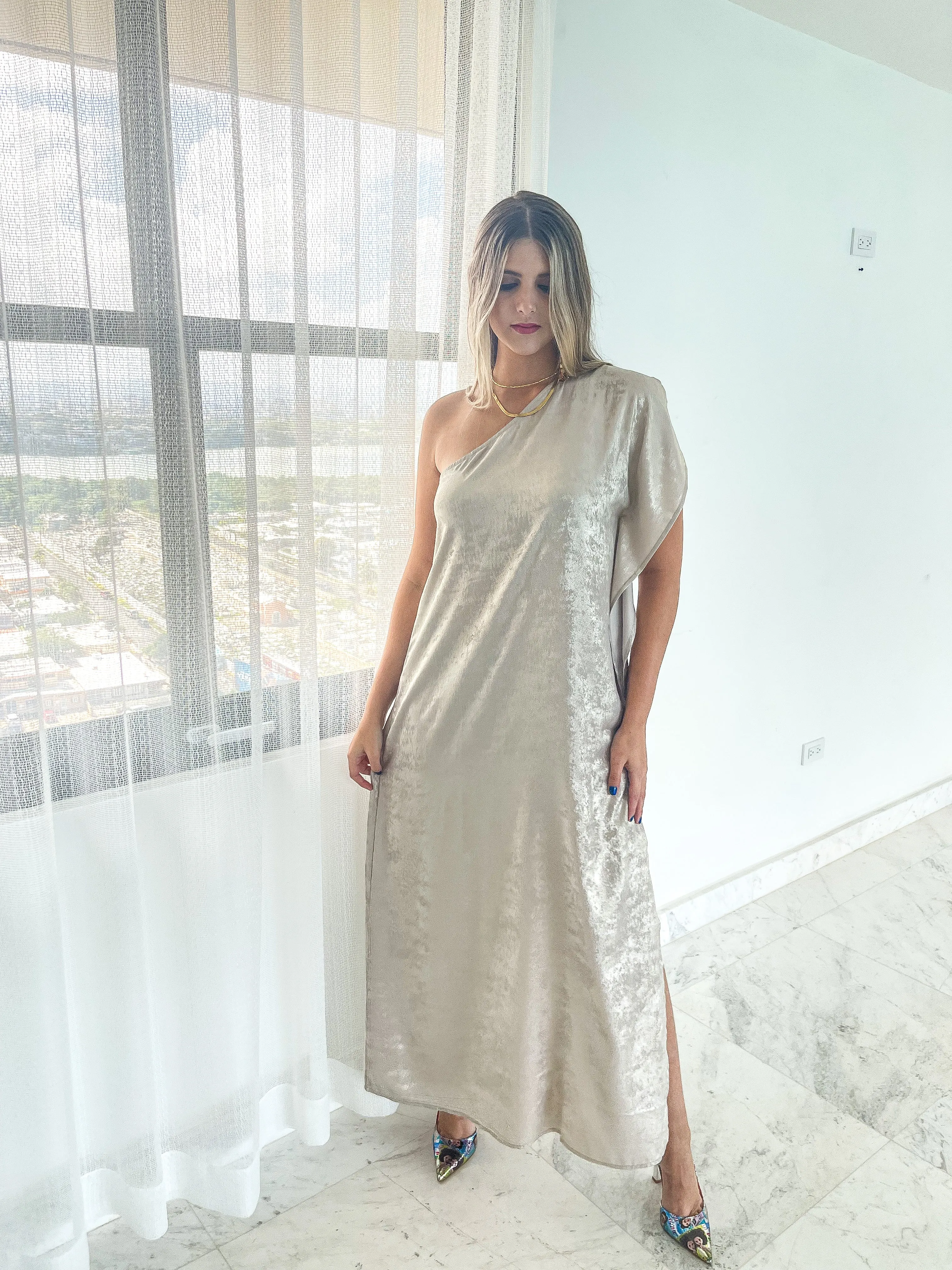 METALLIC SILVER MAXI DRESS