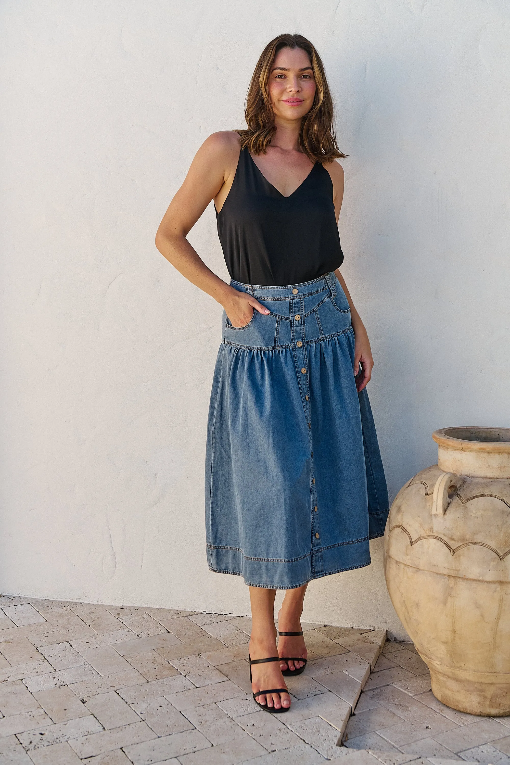 Mirabelle Button Cotton Denim Wash Skirt