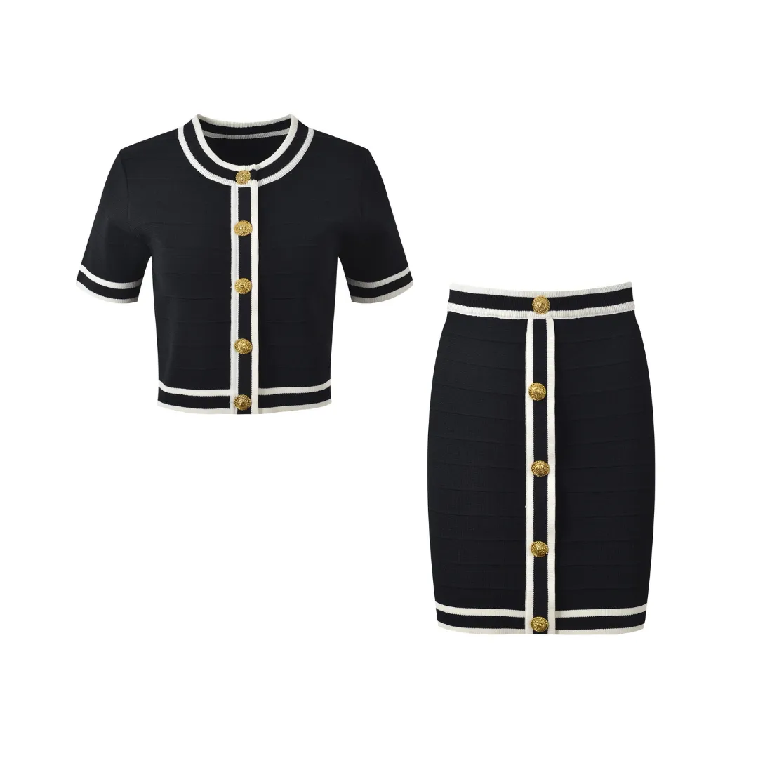 Pre Order:  Slim Fit Gold Buckle Round Neck Short Cardigan   Skirt