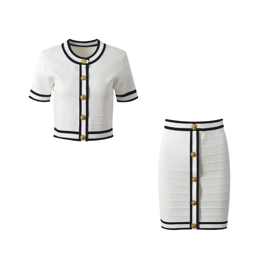 Pre Order:  Slim Fit Gold Buckle Round Neck Short Cardigan   Skirt