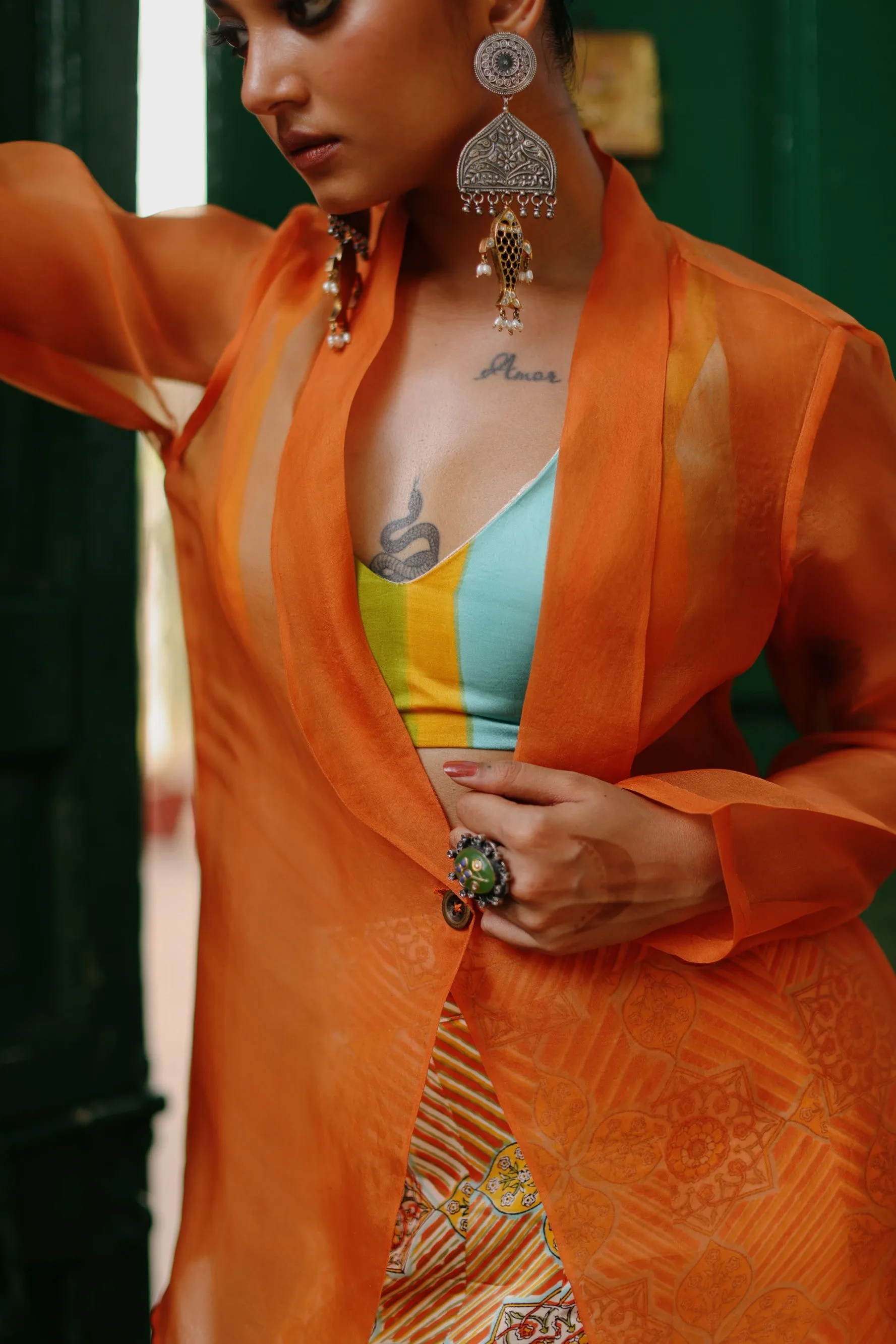 Rangoli Cropped Blouse With Flared Pant and Rust Organza Jacket-Set of 3